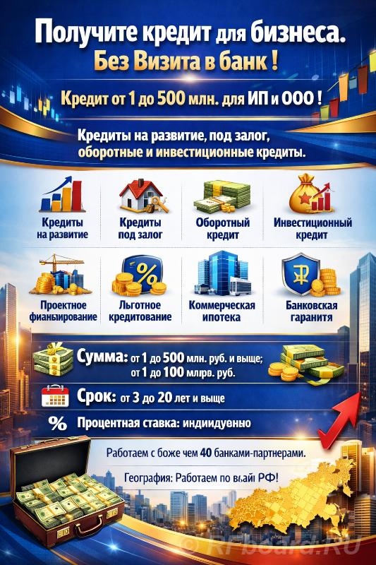 Банковский кредит для бизнеса по РФ. ИП и ООО. Без Визита в банк